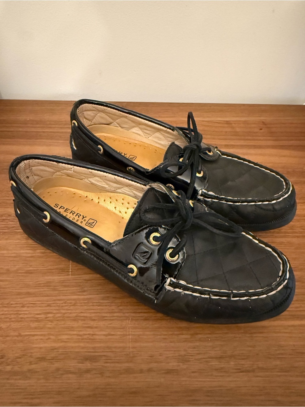 Sperry Black Quilted Leather Boat Shoes with Gold Eyelets